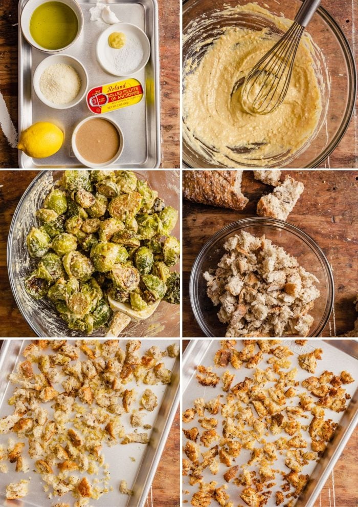 step-by-step grid of images showing how to make tahini caesar dressing and croutons for salad
