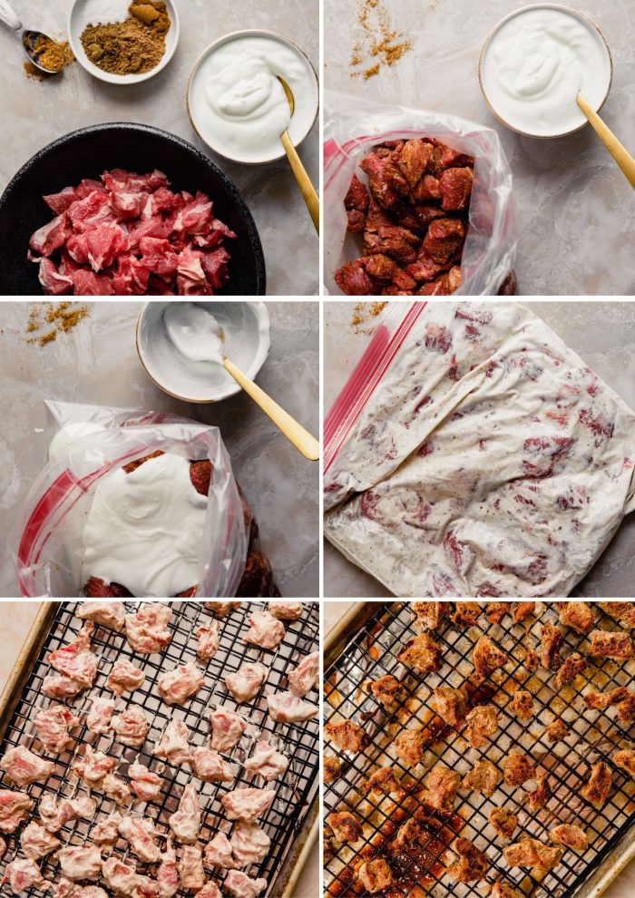 step-by-step grid of images showing how to marinate meat for tikka masala