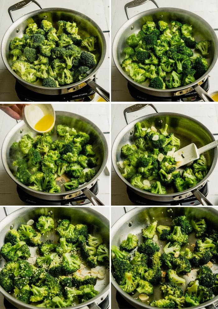 Step-by-step grid of images showing how to saute broccoli