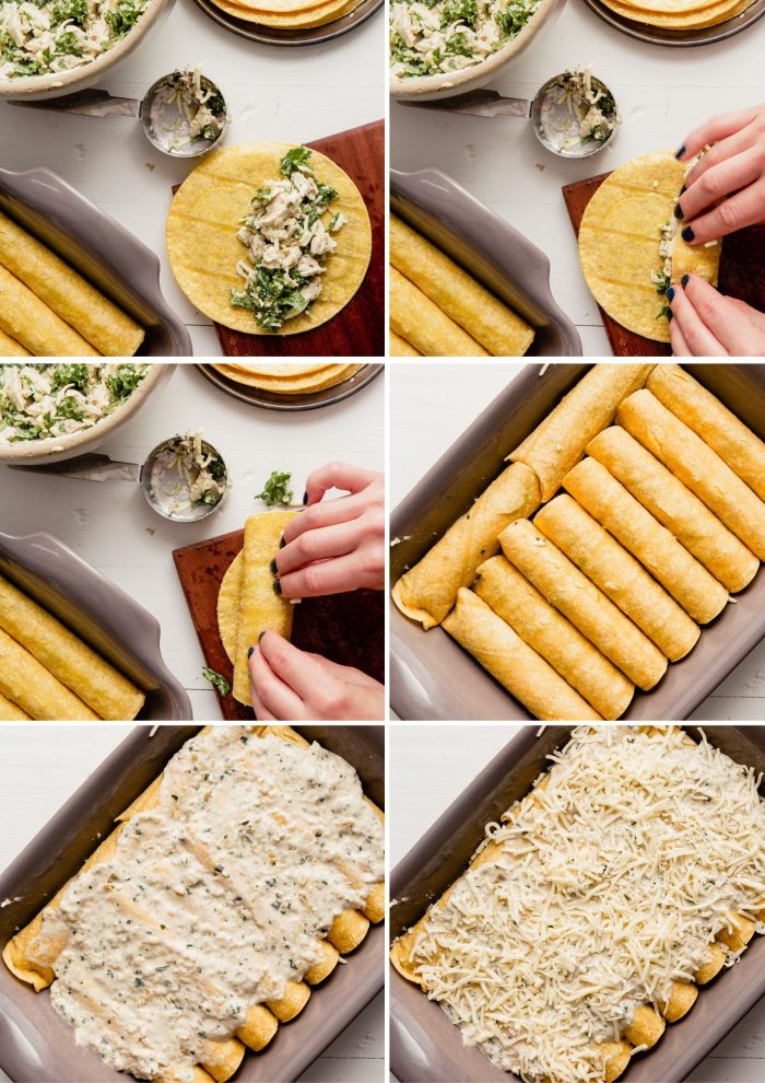 step-by-step grid of images showing how to prepare enchiladas verdes