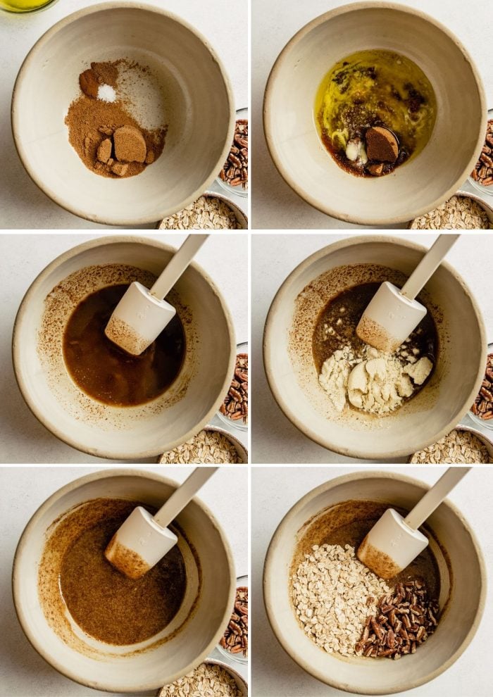 step-by-step grid of images showing how to make the oat topping for healthy apple crisp