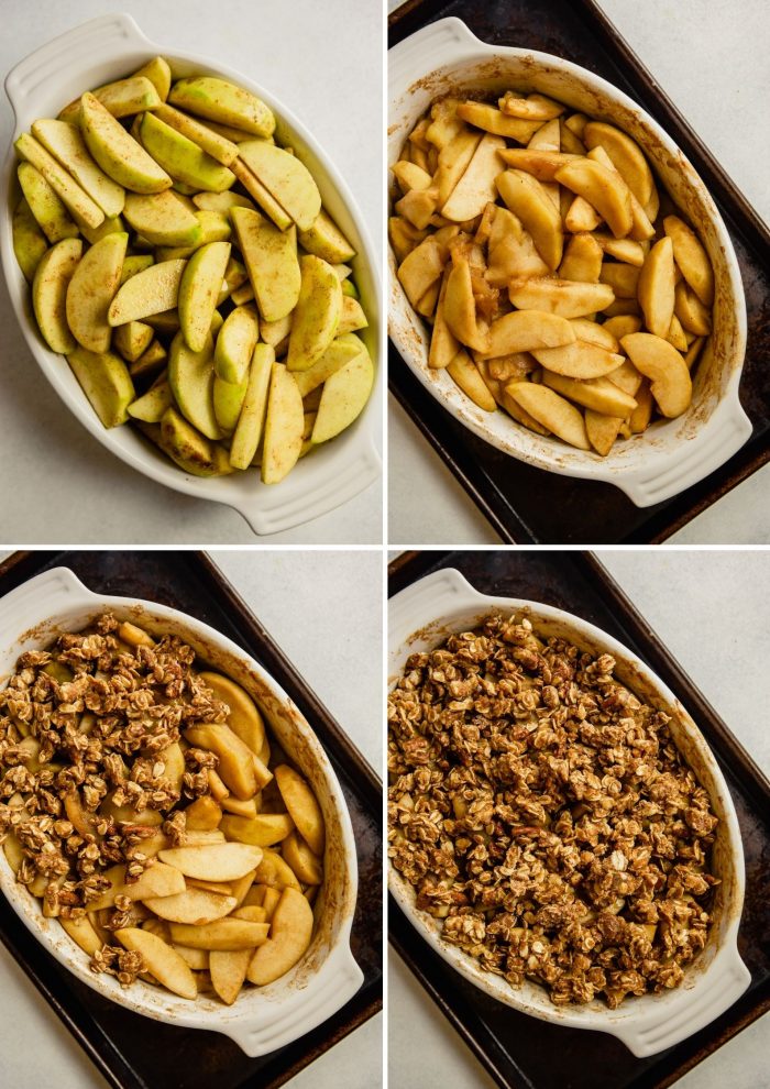 step-by-step grid of images showing how to make bake healthy gluten-free apple crisp