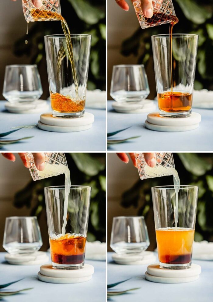 4 images showing someone pour whiskey, lemon juice and maple syrup into a glass