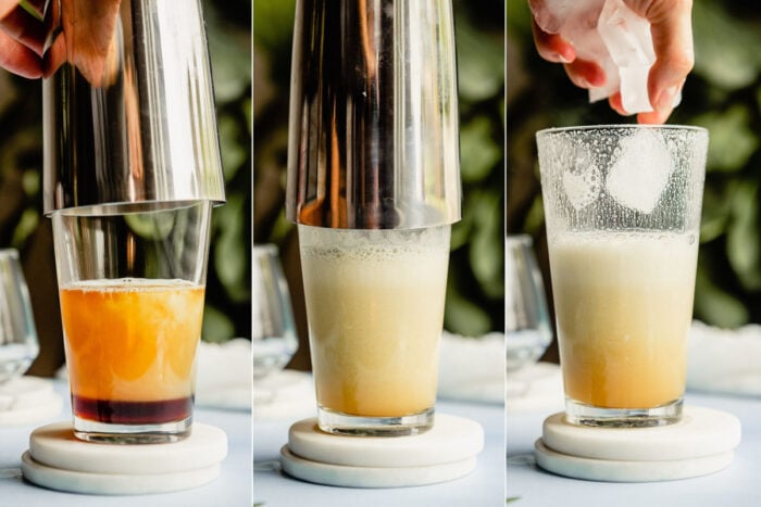 grid of 3 images showing a whiskey sour with egg white shaken