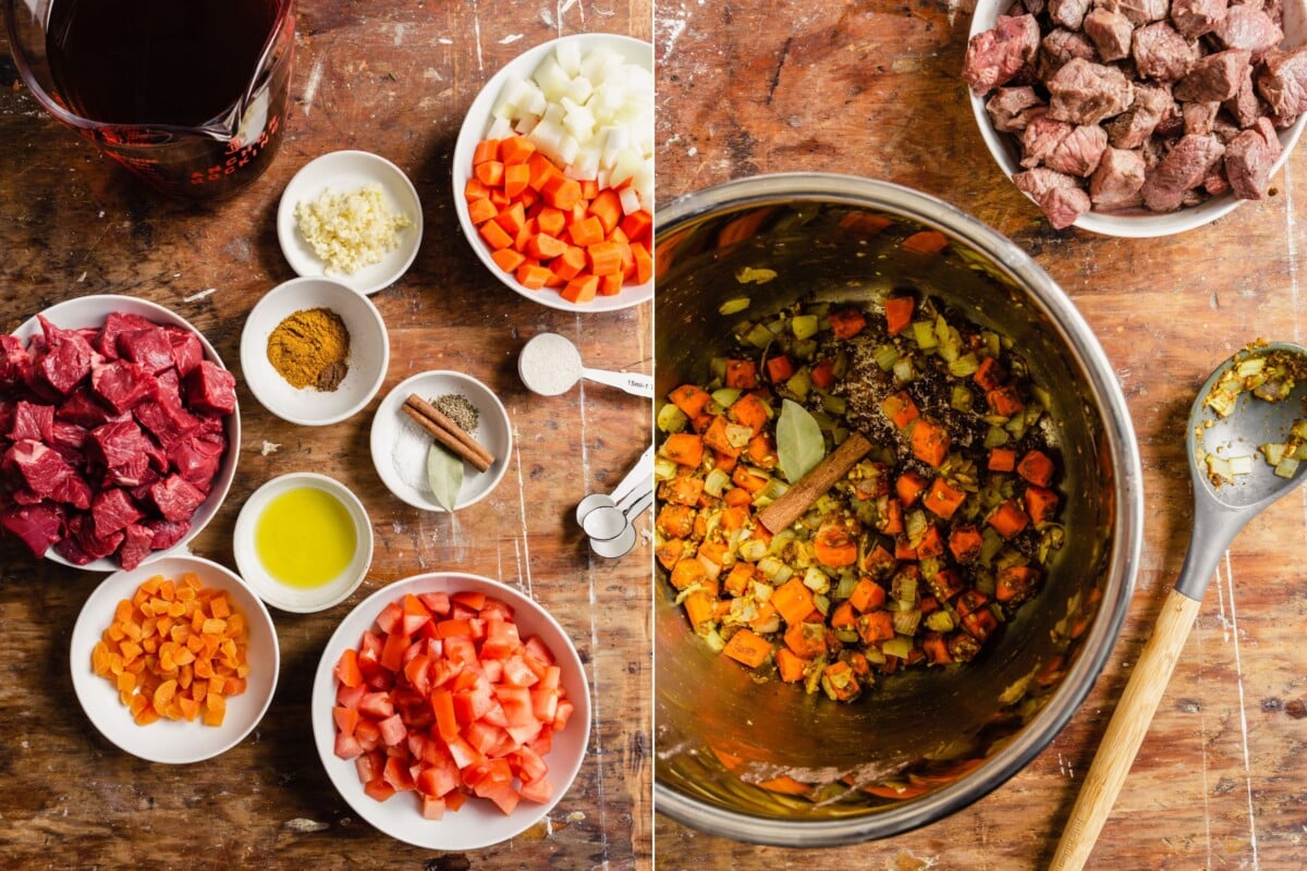 step-by-step grid of images showing how to make Instant Pot Lamb Stew