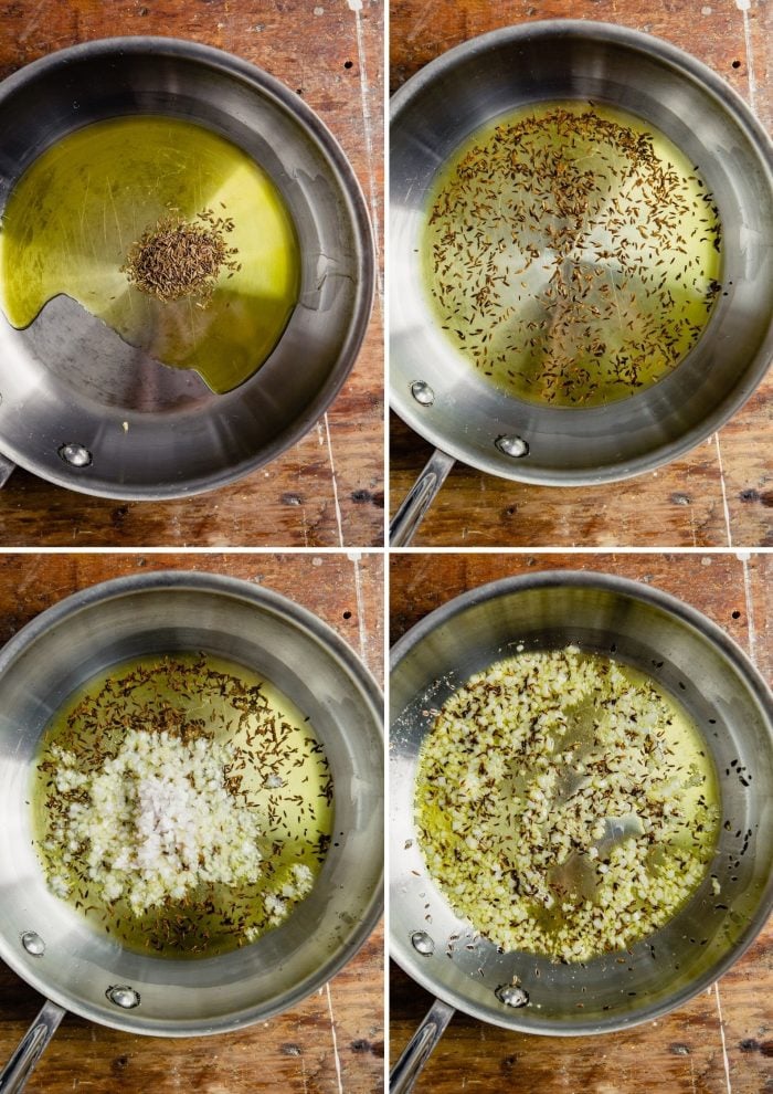 step-by-step grid of images showing how to make the toasted cumin vinaigrette