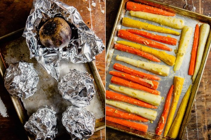two step images showing how to roast beets and how to roast carrots