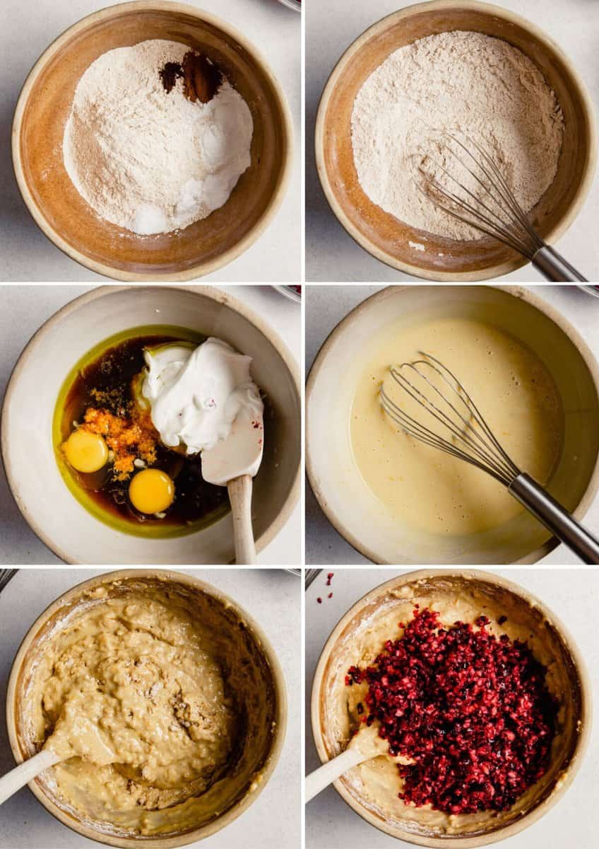 step-by-step grid of images showing how to make the batter for cranberry orange muffins