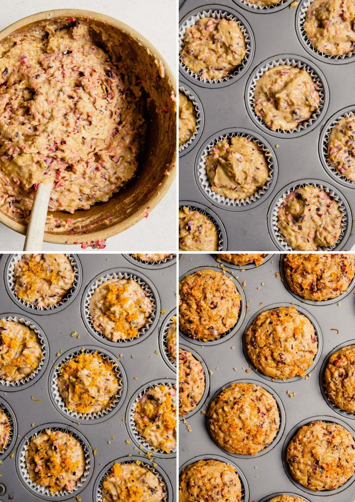step-by-step grid of images showing how to bake cranberry orange muffins