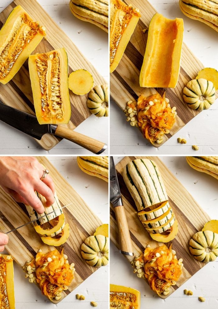 step-by-step grid of images showing how to prepare delicata squash