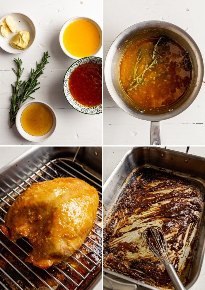 step-by-step grid of images showing how to make a glaze and prep pan gravy