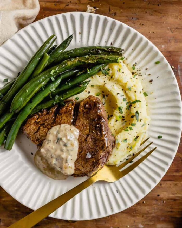 Pan Seared Filet Mignon with Tarragon Crème Fraîche Sauce