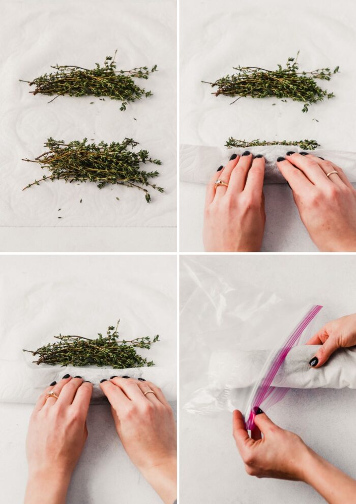 grid of images showing how to store thyme
