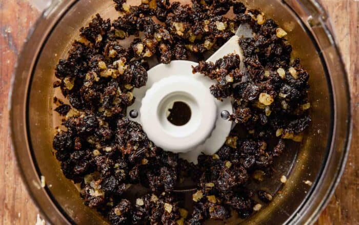 minced dried fruit in a food processor