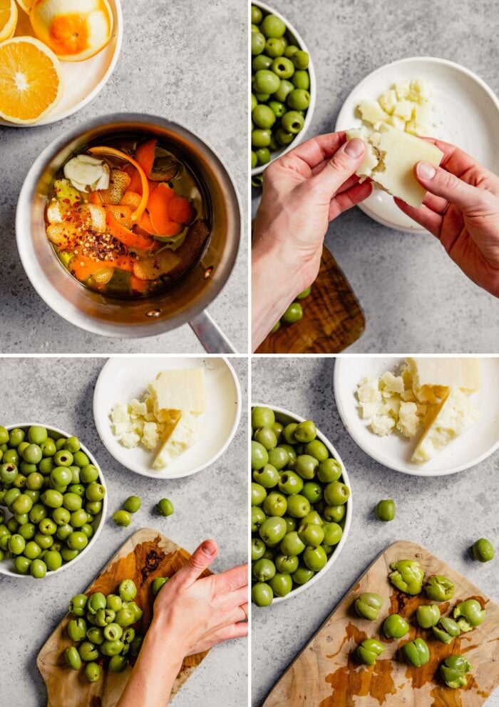step-by-step grid of images showing how to marinate olives and cheese