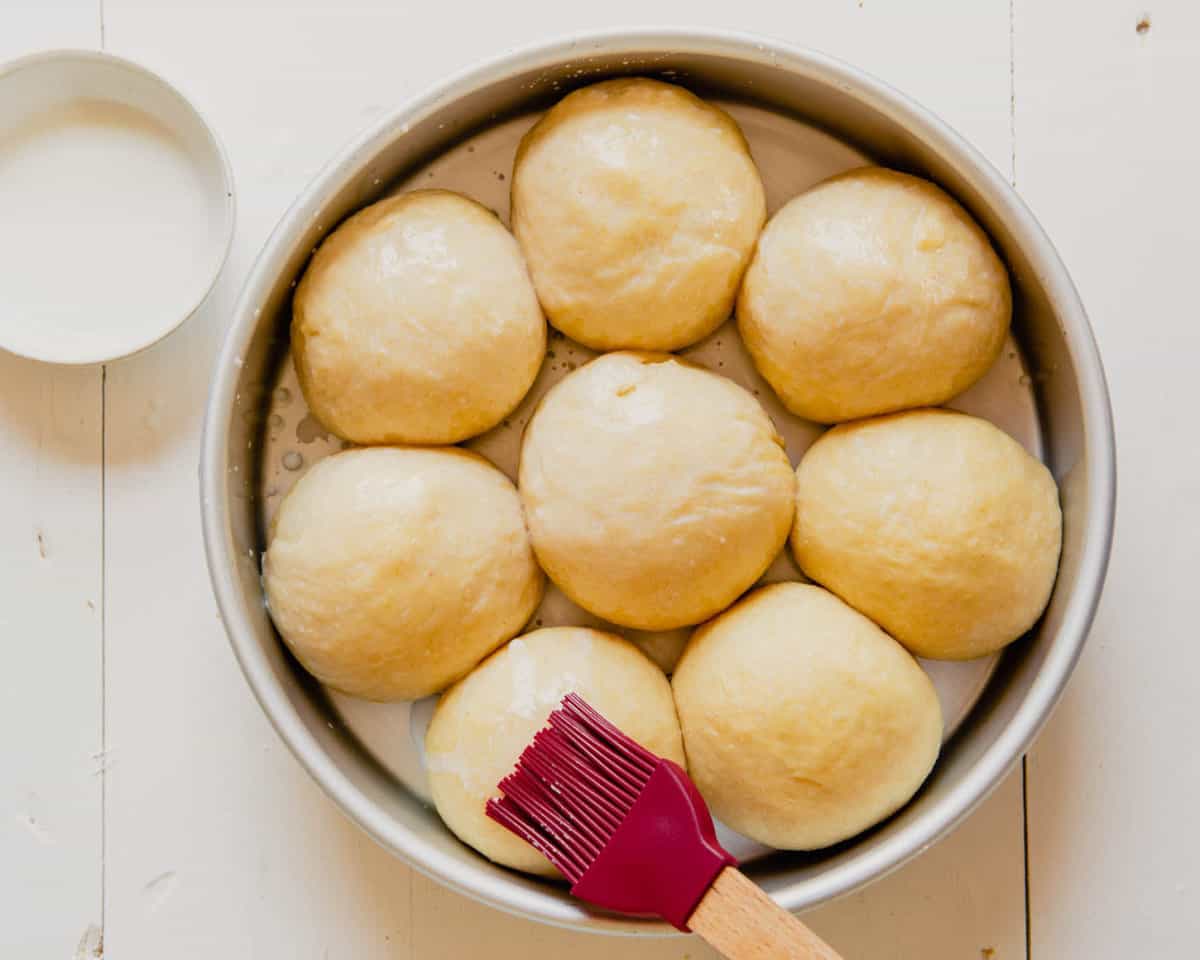 puffed milk bun dough rolls in a cake pan getting brushed with milk