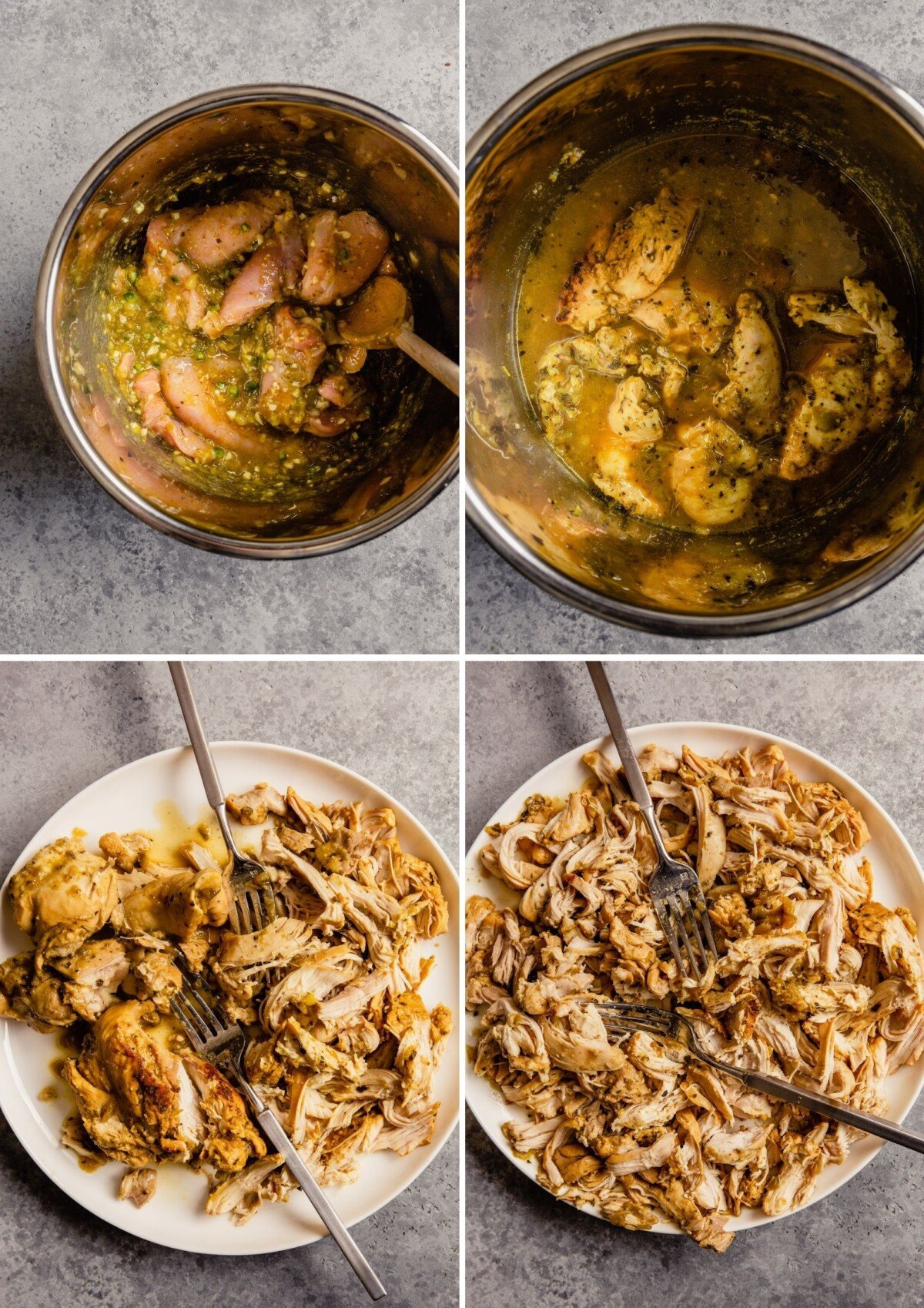 step-by-step grid of images showing how to cook salsa verde chicken and how to shred chicken