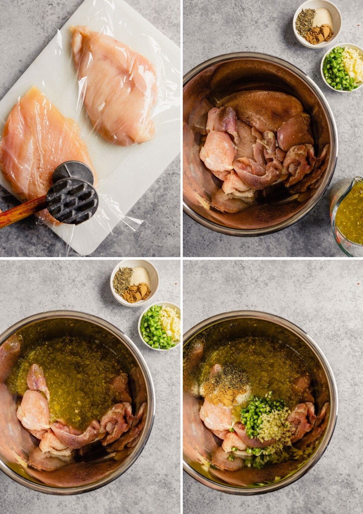 step-by-step grid of images showing how to prep salsa verde chicken