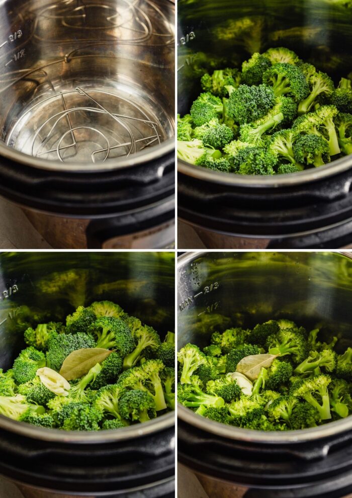 collage of 4 images showing how to steam broccoli in an instant pot