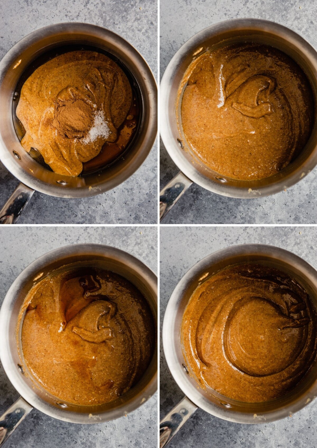 grid of four images showing how to mix almond butter, honey, cinnamon, and salt