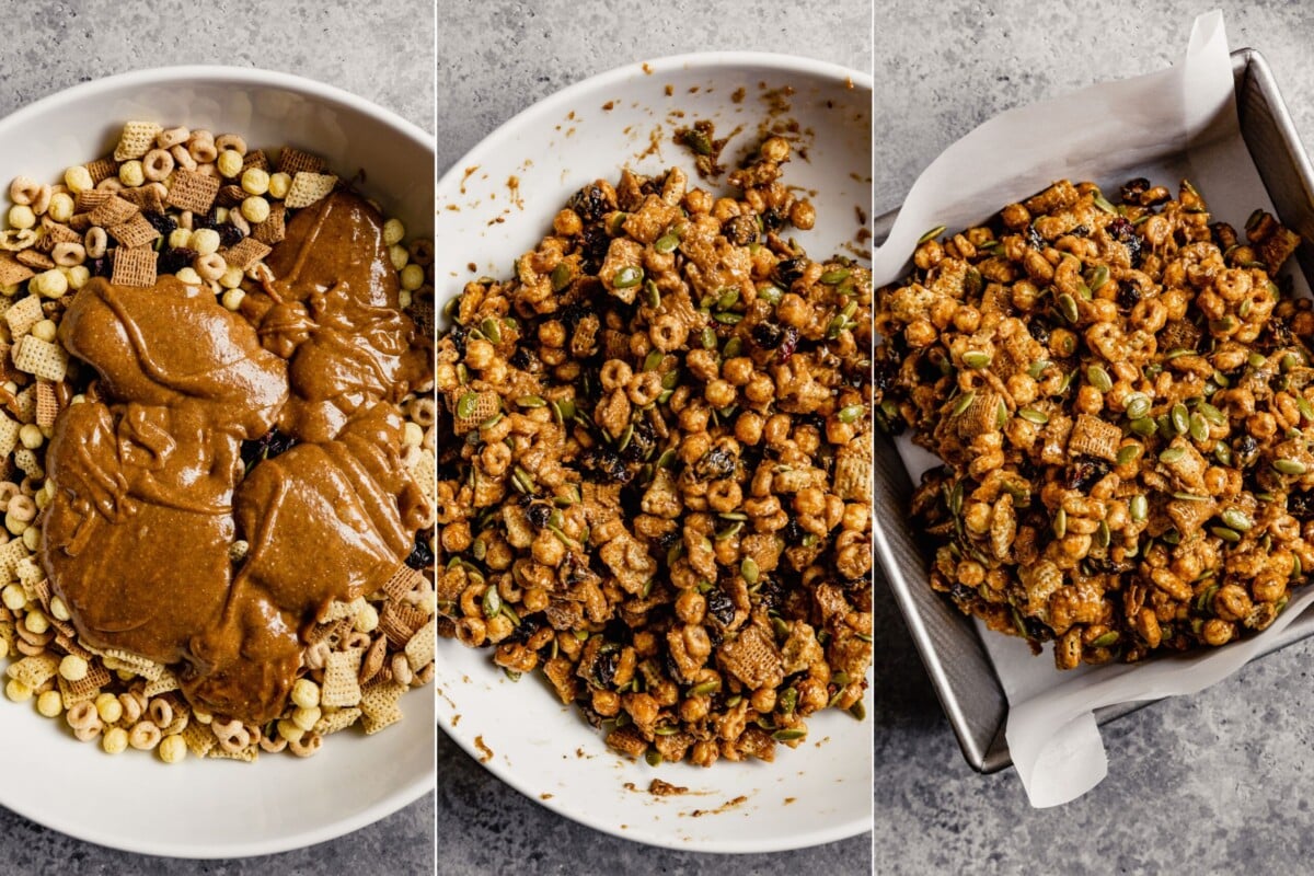 grid of images showing how to mix cereal and nut butter mixture until combined