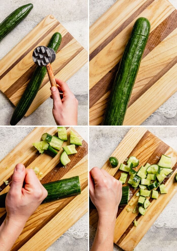 step-by-step photos showing how to crush cucumbers