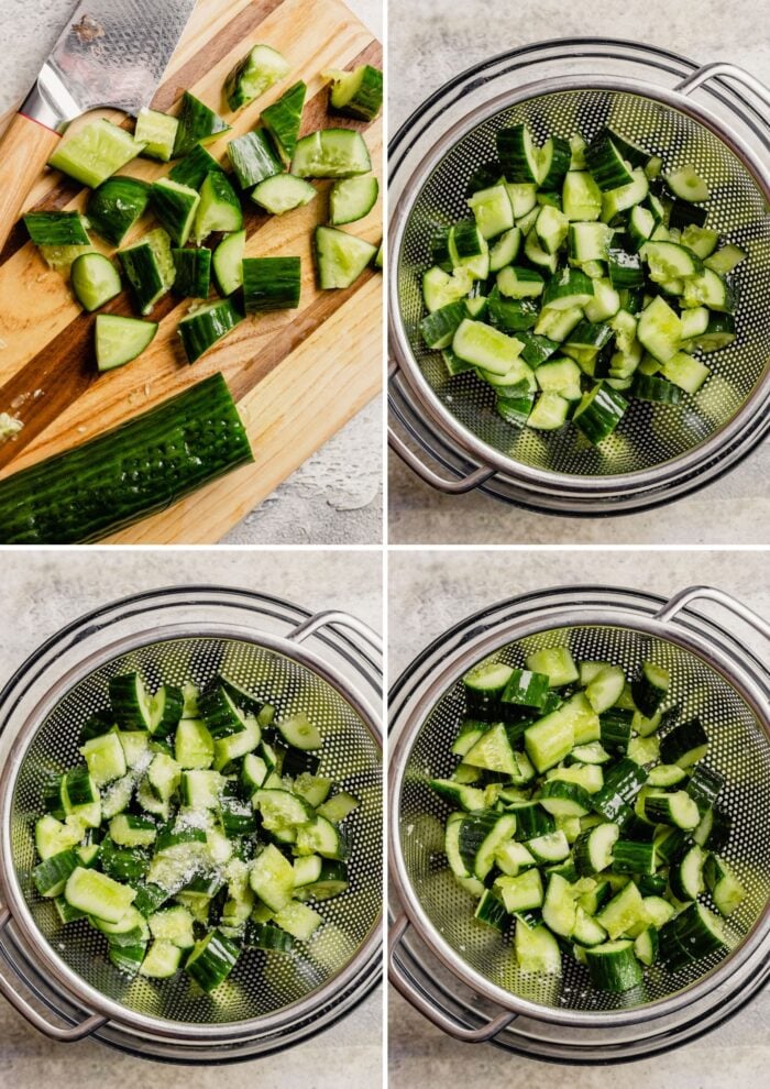step-by-step photos showing how to dice cucumbers and salt them