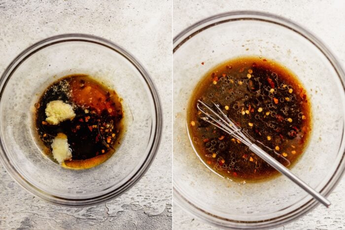 a grid of two images showing how to whisk up an Asian dressing