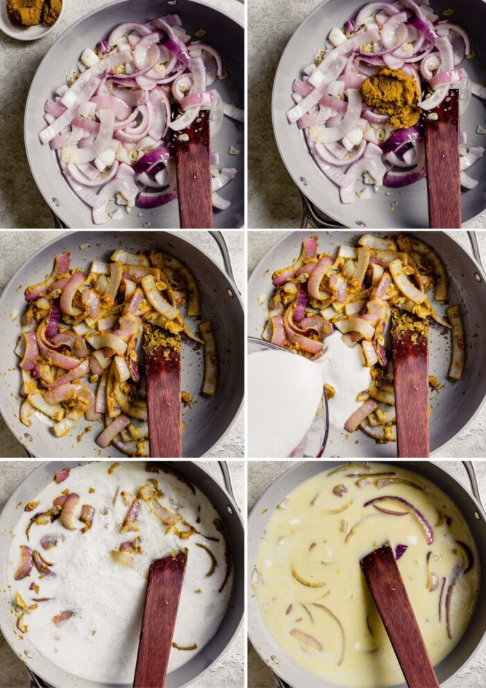 step-by-step grid of images showing how to make a coconut green curry 