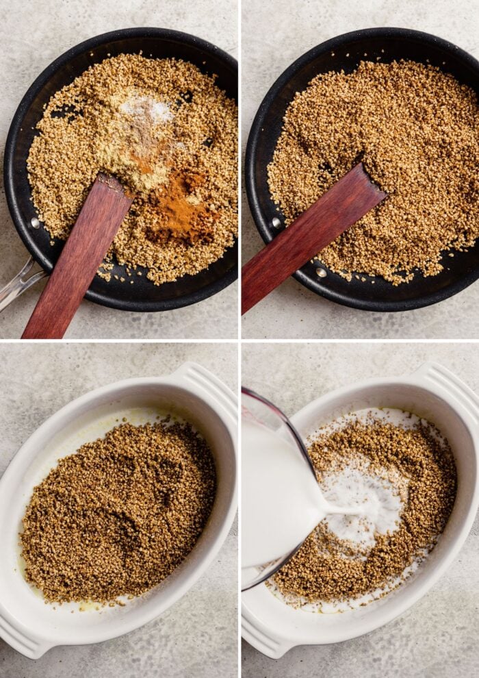 step-by-step grid of images showing how to toast steel cut oats and prepare for baking