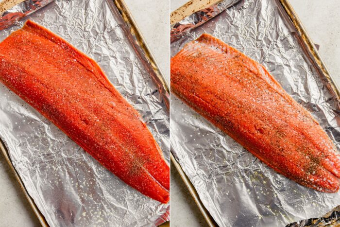 step-by-step grid of images showing how to season salmon with salt and pepper