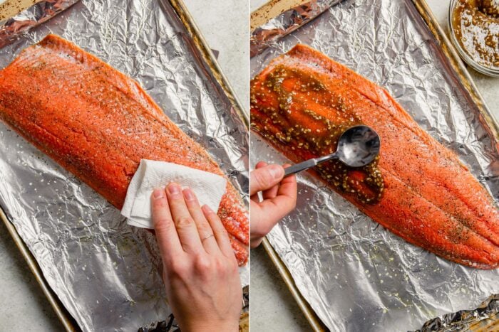 step-by-step grid of images showing how to glaze a whole salmon fillet