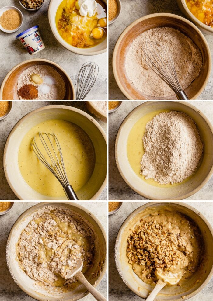 step-by-step grid of images showing how to mix up banana bread batter