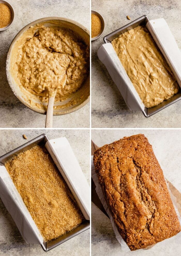 step-by-step grid of images showing how to bake banana bread