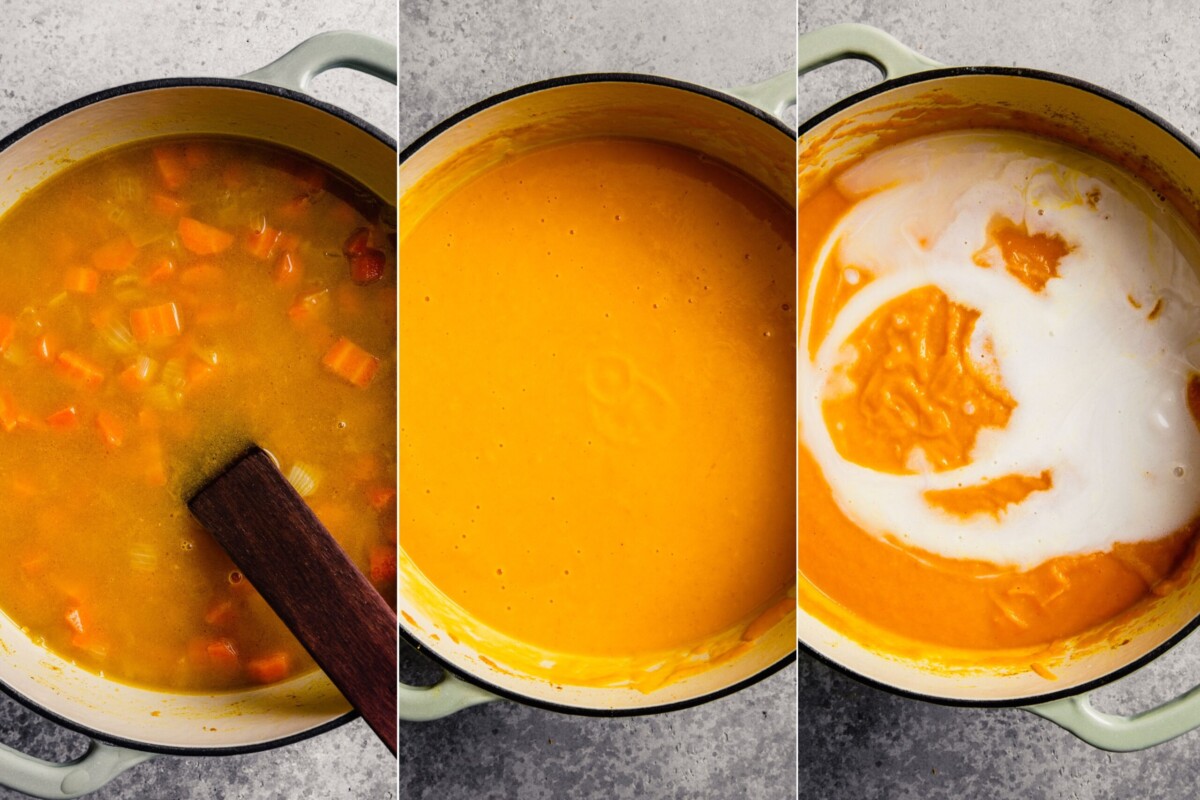 grid of three images showing a carrot soup not pureed, pureed, and with coconut milk added