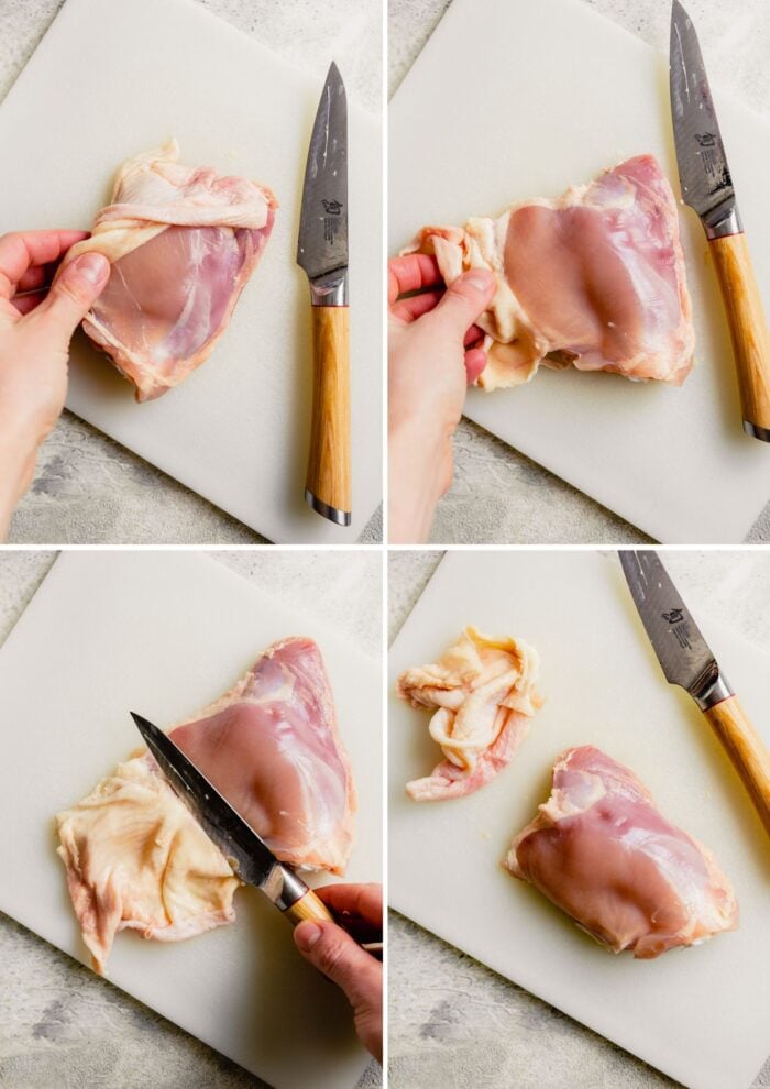 step by step photos showing how to remove skin from chicken thighs