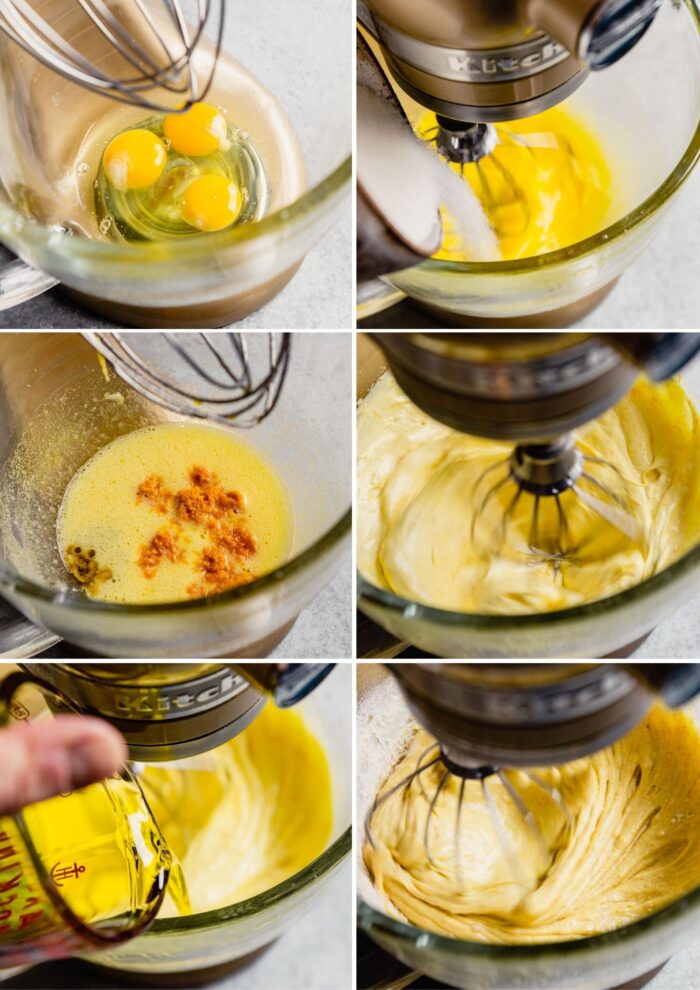 grid of images showing how to make olive oil cake batter