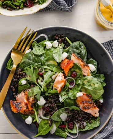 Overhead photograph of lentil and spinach salad with flakes of salmon in a dark blue bowl with a gold fork. Dressing set off to the side in a bowl with a spoon.