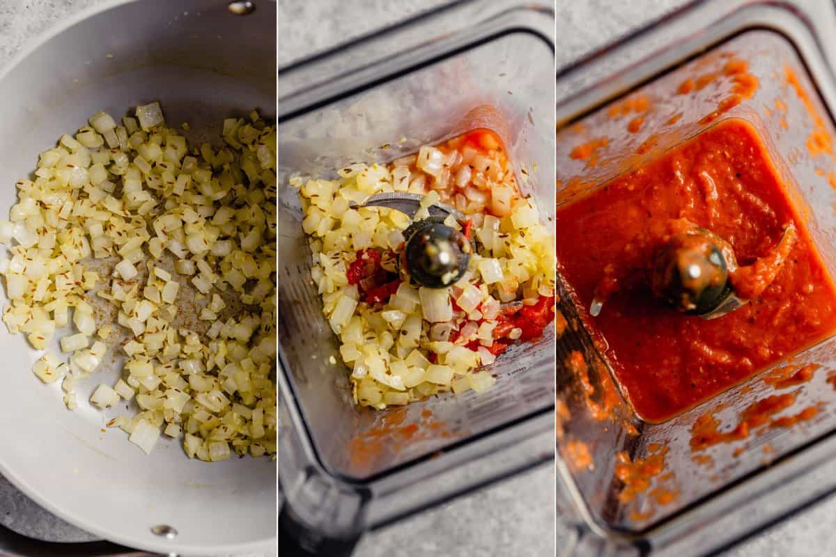 grid of three images showing how to cook onions and make a tomato sauce in a blender