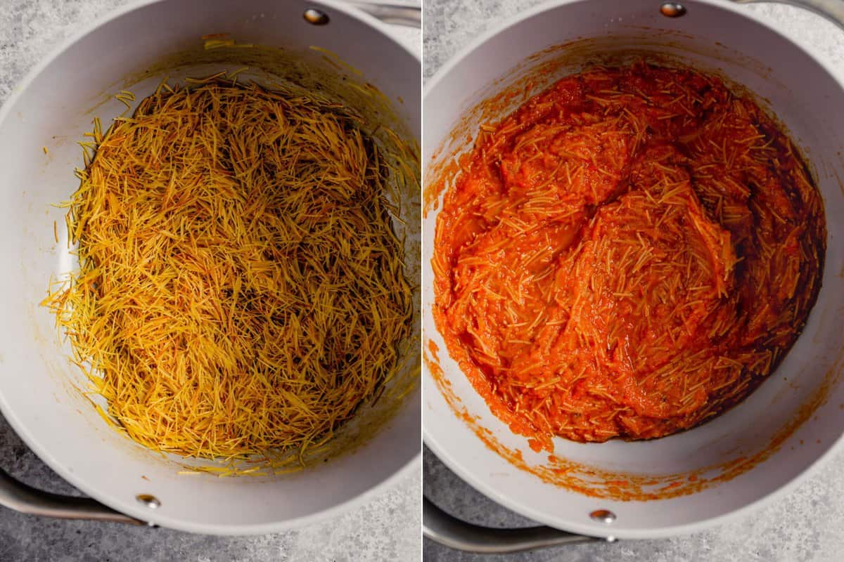 grid of two images showing how to toast noodles in a pot and then noodles in a pot with tomato sauce