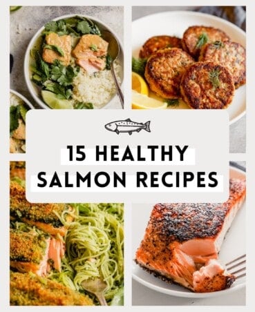 a grid of images showing salmon dishes with text overlay