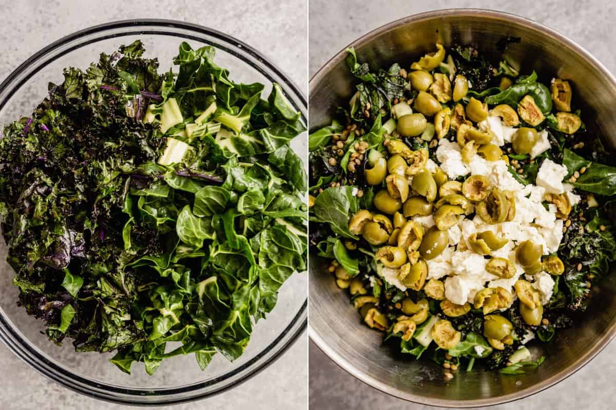 two images side by side, the left showing a large glass bowl filled with kale and Swiss chard