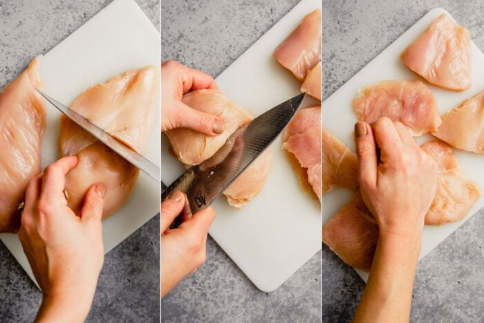 step-by-step grid of images showing how to slice chicken breast into three thin pieces