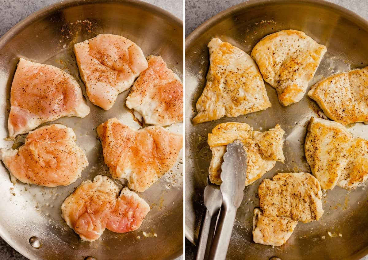 two images showing how to pan sear chicken in a skillet