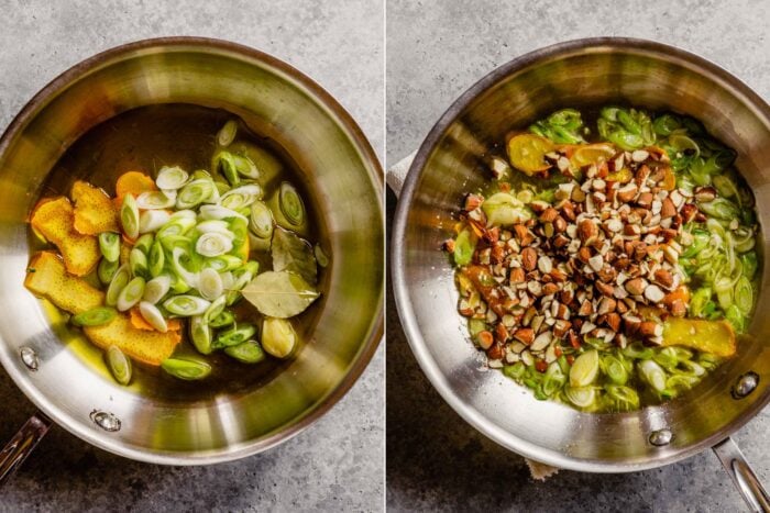 collage of two images, the left featuring sliced scallions, orange peels, bay leaves and garlic cloves in a skillet with oil. the second features chopped raw almonds added to that skillet