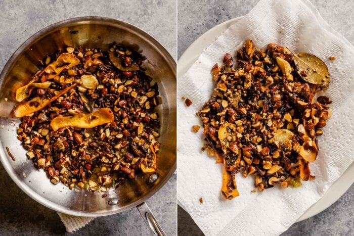 a collage of two images, the left being toasted nuts, seeds, scallions, and garlic in a skillet with oil, the second featuring a plate lined with paper towels with toasted nuts and seeds 