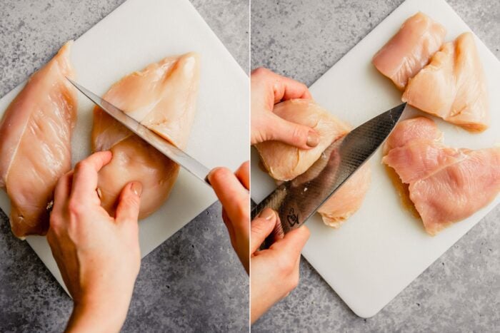 two images showing how to halve a chicken breast and then how to cut the thick half in half again to two thin cutlets