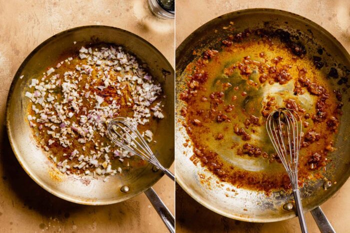 two images next to each other, the lefto showing how to cook shallots in a skillet, the second showing a butter sauce in the skillet