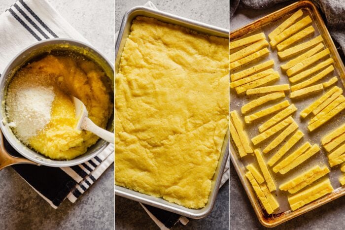 three images showing how to make polenta and cut into fries