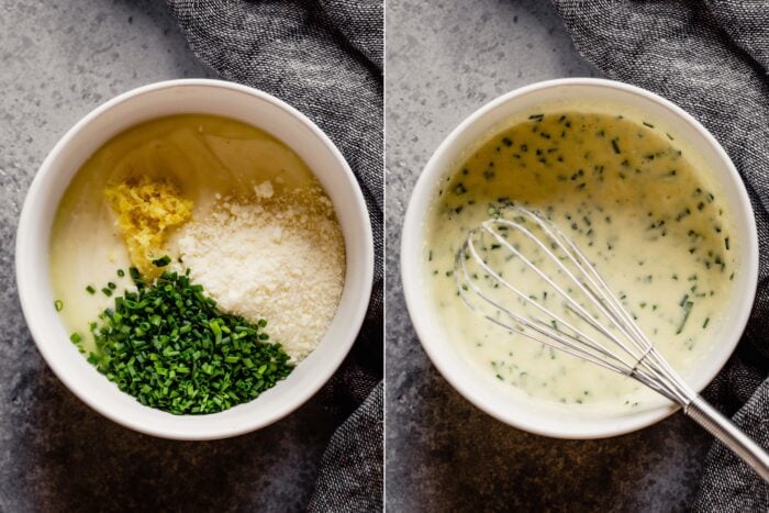 two images showing how to make a Parmesan aioli 